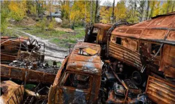  ?? ?? Destroyed Russian military technical vehicles, lost during the fighting in February to retain Hostomel Airport.