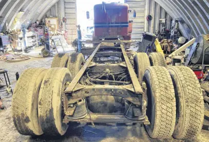  ?? ?? The back view of the tandem flatdeck tow truck Chris Fraser and his brother Colin are making from three older machines in Loch Broom, Pictou County.