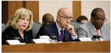  ?? DEBORAH CANNON / AMERICAN-STATESMAN ?? Senate Finance Committee Chairwoman Sen. Jane Nelson, R-Flower Mound, with state Sens. John Whitmire (center), D-Houston, and Royce West, D-Dallas, on Wednesday, said the transporta­tion payment delay “solved a lot of our problems.”