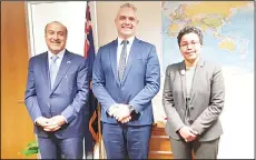  ??  ?? Ambassador to New Zealand Ahmad Al-Wohaib, New Zealand Foreign Minister’s Undersecre­tary Fletcher Tabuteau and Kuwaiti Assistant FM for
Americas Reem Al-Khaled.