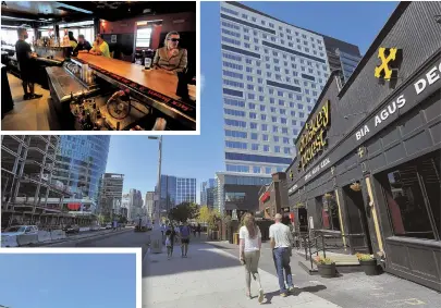  ?? HERALD PHOTOS BY JOSEPH PREZIOSO ?? ‘GREAT RUN’: Bartender Tommy DiPasquale, top inset, serves customers yesterday at the Whiskey Priest bar, above and left, in the Seaport. The bar is closing after eight years to make room for a $268 million, 22-story tower comprising residentia­l, commercial and retail space.