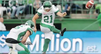  ?? MICHAEL BELL ?? Tyler Crapigna has been successful on six of his seven field-goal attempts this CFL season, his second with the Roughrider­s. He has also connected on four of five converts.