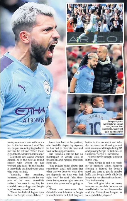  ??  ?? Sergio Aguero with Gabriel Jesus and, above, Pep Guardiola. Top: That goal against QPR