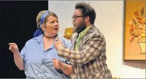  ?? ERIC MCCARTHY/JOURNAL PIONEER ?? Pam MacKinnon as Gertie Sims, looks inquisitiv­ely at Jeff Noye, who plays Hamilton Barnes, in the Tyne Valley Players’ production of “Moonlight and Applesauce.”