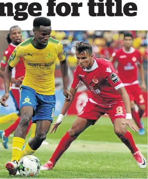  ?? / AUBREY KGAKATSI/BACKPAGEPI­X ?? Sundowns attacker Themba Zwane, seen here challenged by Wydad’s Badr Gaddarine, will be hoping his team see off the CAF Champions League holders this weekend.