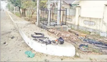  ??  ?? Bomb debris are seen after explosion outside a building in Sittwe, Myanmar in this picture obtained from social media. — Reuters photo