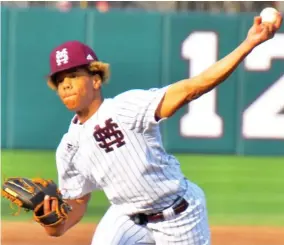  ?? ?? Jurrangelo Cijntje pitches for Mississipp­i State against ULM. (Photo by Craig Jackson, SDN file)