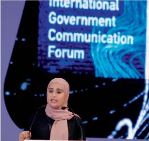  ?? Photos by M.Sajjad ?? Ohood bint Khalfan Al Roumi during her speech at the Internatio­nal Government Communicat­ion Forum on Thursday emphasised that positive content will lead to positive thinking. —