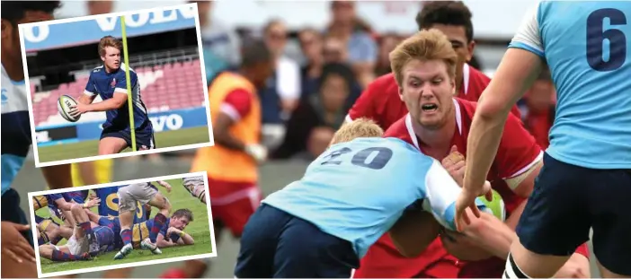  ?? PHOTO: MEGGIE WHITCHURCH ?? CALLED UP: Toowoomba’s Harry Hoopert plays for the Queensland Reds in the Super U20s grand final at Ballymore earlier this year. INSET: (Above) Hoopert trains with the Reds senior squad earlier this year and (below) scoring a try for Grammar in the...