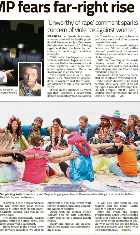  ?? — Reuters ?? Supporting each other: Harry and Meghan hugging members of OneWave while sitting in a circle at South Bondi Beach in Sydney.