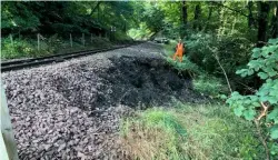  ?? ALLAN ELEY ?? The landslip at Milepost 28 near High Bridge on the Bo’ness & Kinneil Railway, with SRPS traction inspector and responsibl­e officer Andy McLean illustrati­ng the scale of the damage.