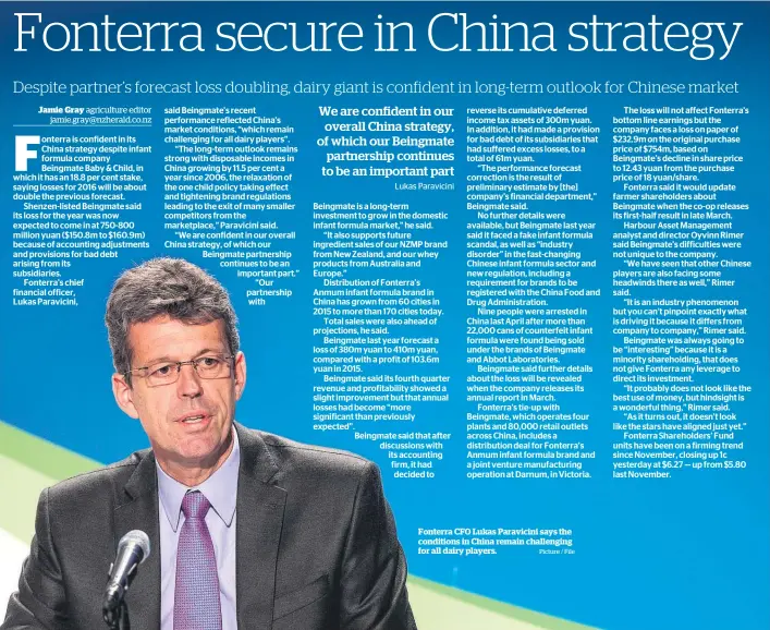  ??  ?? Fonterra CFO Lukas Paravicini says the conditions in China remain challengin­g for all dairy players.