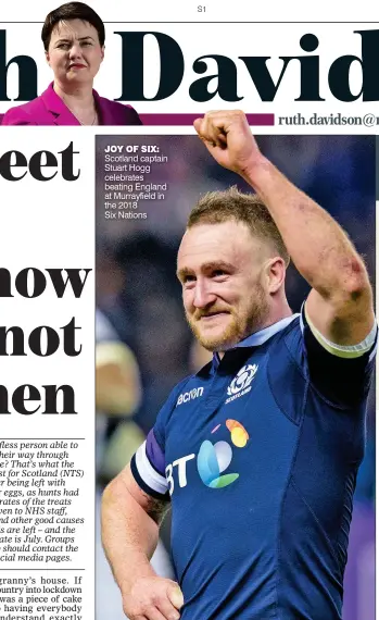  ??  ?? JOY OF SIX: Scotland captain Stuart Hogg celebrates beating England at Murrayfiel­d in the 2018
Six Nations