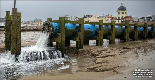  ?? ?? Outflow…storm water pours on to Worthing’s beach in West Sussex
