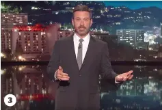  ?? PHOTOS COURTOISIE ?? 1. Jimmy Fallon a livré un monologue personnel et senti lundi. 2. Stephen Colbert n’a pas mâché ses mots au Late Show. 3. Jimmy Kimmel n’a pas ménagé le président en ondes.