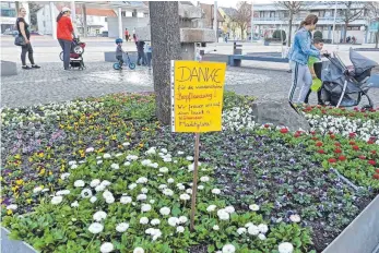  ?? FOTO: KURT GLÜCKLER ?? Die Bepflanzun­g auf dem Spaichinge­r Marktplatz hat schon erste „Früchte“in Form dieses improvisie­rten Dankplakat­s getragen, das eine Zeit lang an einem der Bäume hing.