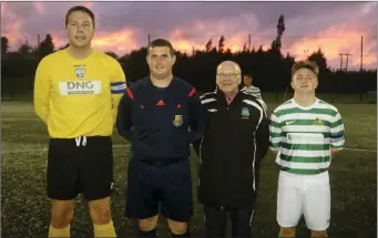  ?? Photos: Garry O’Neill ?? Seaview captain Alan O’Shea, referee Jason Redmond, Wicklow Chairman Jim McLaughlin and Knocklyon captain Jamie Devine at the start of the new O’Neill’s LSA/WDSL Andy McEvoy Premier league in Lamberton, Arklow.