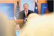  ?? ANDREW HARNIK/ASSOCIATED PRESS ?? Secretary of State Mike Pompeo speaks at a news conference in Washington, D.C., on Friday.