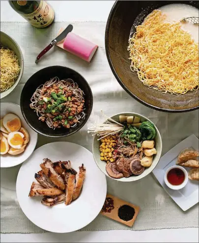  ?? CONTRIBUTE­D PHOTOS BY MIA YAKEL ?? Ramen Noodle Party with Chukasuime­n Ramen Noodles, Mazesoba, Shoyu Broth, Quick and Easy Creamy Tonkotsu-style Broth, Seasoned Eggs topping, Crispy Asian Pork Belly topping, and garnishes.