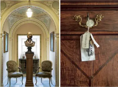  ?? ?? Above right Dumfries House’s imposing exterior. Below, from left The Pewter Corridor; Christie’s tags on the Chippendal­e bookcase in the Blue Drawing Room