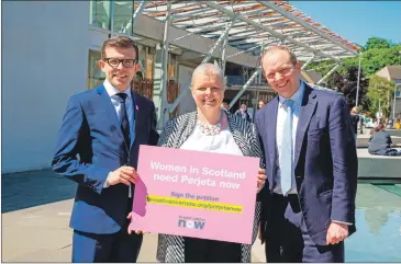  ??  ?? From left: Lawrence Cowan, Scotland Manager for Breast Cancer Now, Jen Hardy, Perjeta Now campaigner, and Donald Cameron MSP.