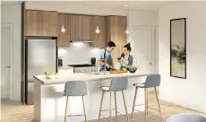  ??  ?? An artist’s rendering depicts the darker kitchen colour scheme. Kitchens will feature quartz countertop­s and large-format tile backsplash­es.