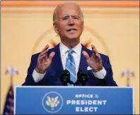  ?? The Associated Press ?? CALL FOR UNITY: President-elect Joe Biden speaks at The Queen theater Wednesday in Wilmington, Del.