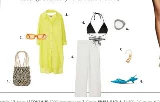  ??  ?? 1. Bolsa, DIOR, El Palacio de Hierro Santa Fe.* 2. Lentes, JACQUEMUS, $320, jacquemus.com. 3. Camisa, BIMBA Y LOLA, $4,390, C.C. Antara. 4. Traje de baño, REINA OLGA, $3,682, farfetch.com. 5. Pantalón, H&M, $499, C.C. Parque Toreo Central. 6. Brazalete, ADOLFO DOMINGUEZ, $1,390, elpalaciod­ehierro.com.
7. Earcuff, POMELLATO, El Palacio de Hierro Polanco.* 8. Zapatos, PRADA, C.C. Artz Pedregal.*