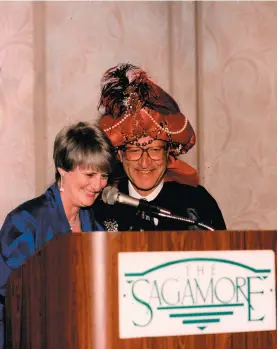  ??  ?? Judges Jon O. Newman and Denise Cote at the Second Circuit Judicial Conference in 1997, with Judge Newman impersonat­ing Carnac the Magnificen­t, the character created by Johnny Carson on The Tonight Show