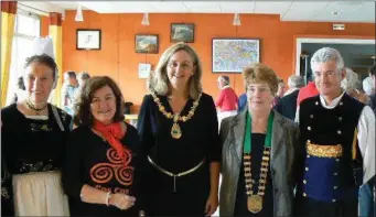  ??  ?? Pictured in Crozon Town Hall are Deirdre Cox (Cos Cos Dancer, Drumcliffe), Marcella McGarry and Dymphna Gorman with traditiona­l Breton dancers during a previous trip.