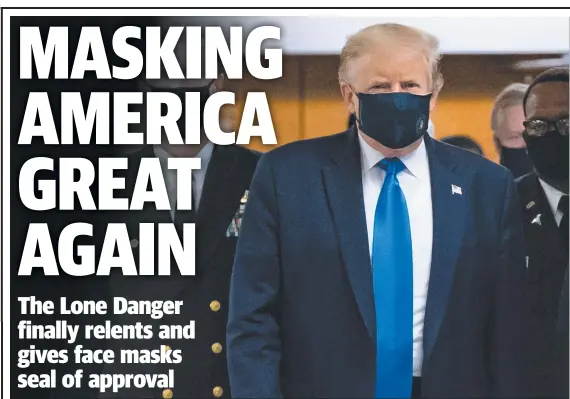  ?? Pictures: AFP ?? A masked Donald Trump visits a military hospital and (below) masked punters at Disney World in Florida as the theme park reopens.