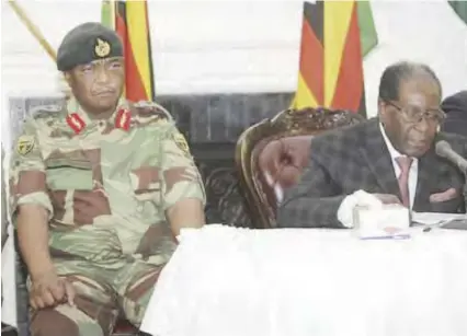  ??  ?? Among the men sitting off to the side during Mr. Mugabe’s speech was Constantin­o Chiwenga, the very Army commander who had placed him under house arrest. Mr. Mugabe spoke haltingly but deliberate­ly, sometimes repeating phrases and appearing to lose his...