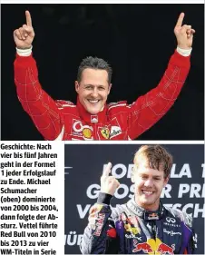  ??  ?? Geschichte: Nach vier bis fünf Jahren geht in der Formel 1 jeder Erfolgslau­f zu Ende. Michael Schumacher (oben) dominierte von 2000 bis 2004, dann folgte der Absturz. Vettel führte Red Bull von 2010 bis 2013 zu vier WM-Titeln in Serie