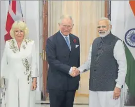  ?? VIPIN KUMAR/HT PHOTO ?? Prime Minister Narendra Modi (right) greets Britain's Prince Charles and his wife Camilla, Duchess of Cornwall, in New Delhi on Wednesday.