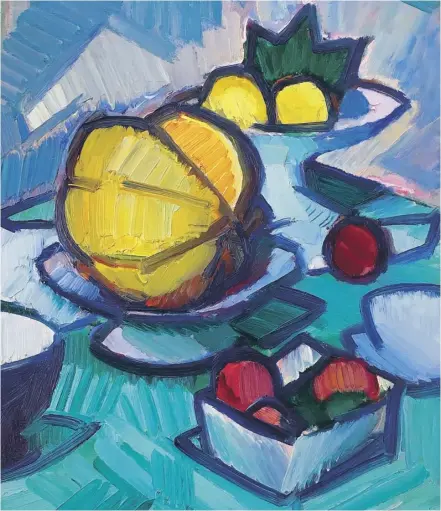  ?? ?? Above, Still Life with Melon and Fruit by SJ Peploe at the Scottish Gallery. Clockwise from far left: Far Flung, Astratto, and Intransige­nce, all by John Mclean at the Fine Art Society