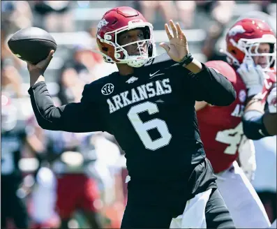 ?? (NWA Democrat-Gazette/Charlie Kaijo) ?? Arkansas quarterbac­k Jacolby Criswell (6) is expected to enter the NCAA transfer Portal, which opens today in college football. “The No. 1 thing is, I don’t want to lose anybody we have. … Inevitably, we’re going to [lose some players]. I hope not, but we could,” Razorbacks Coach Sam Pittman said Saturday.