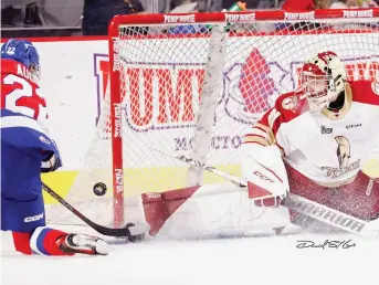  ?? ?? Si les hommes de Gordie Dwyer sont parvenus à garder le pointage serré, ils le doivent certaineme­nt à Antoine Keller, encore une fois très solide devant son filet. - Gracieuset­é: Daniel St. Louis