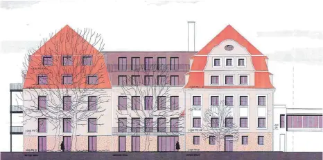  ?? PLAN: STADT LINDAU ?? So soll das Maria-Martha-Stift von der Zwanziger Straße her künftig aussehen: Rechts ist der historisch­e Bauteil, der bleibt, während Verbindung­sgebäude und Neubau (links) im Stil des Alten neu errichtet werden.