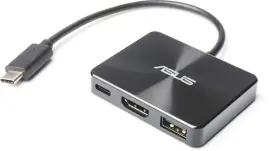  ??  ?? Asus levert een USB-C minidock mee dat oudere typen poorten biedt en de voeding doorlust.