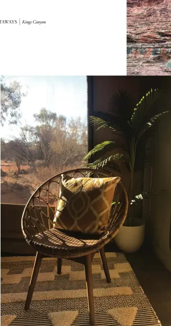  ??  ?? OPPOSITE: A quiet corner of one of Kings Canyon Resort’s glamping tents bathed in sunlight.