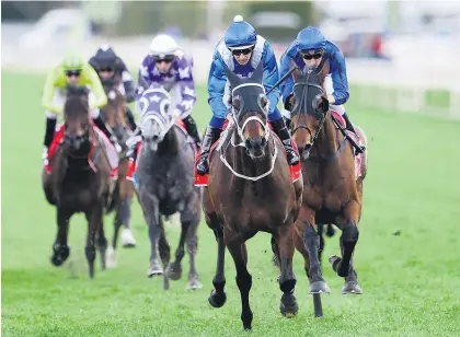  ?? Picture / Getty Images ?? Winx (centre) stretched her winning sequence to 20 in the George Main Stakes last Saturday.