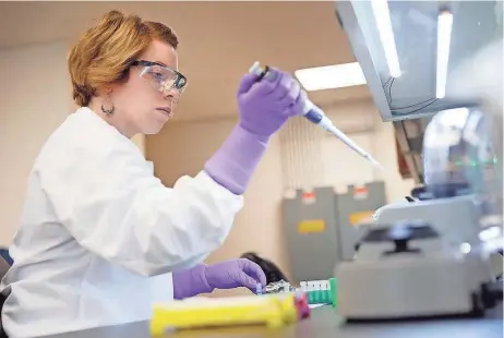  ?? M.P. KING / WISCONSIN STATE JOURNAL ?? Research associate Becky Rosenow prepares materials in a lab at Exact Sciences’ research and developmen­t center in Madison. Among the stocks of Wisconsin-based public companies, none performed better in the first half of 2017 — at least on a percentage...