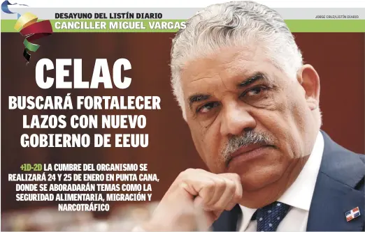  ?? JORGE CRUZ/LISTÍN DIARIO ?? CANCILLER. El ministro de Relaciones Exteriores, Miguel Vargas, gesticula durante un momento de su participac­ión en el Desayuno de LISTÍN DIARIO.