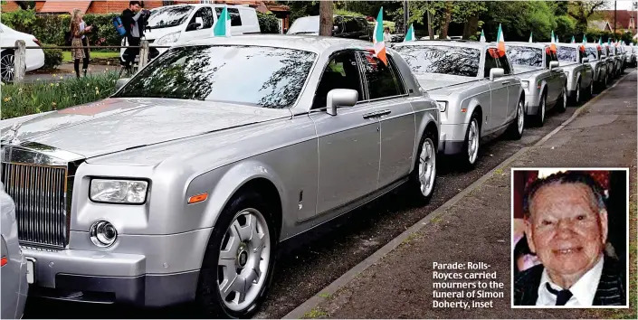  ??  ?? Parade: RollsRoyce­s carried mourners to the funeral of Simon Doherty, inset