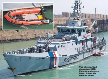  ?? Pictures: FAMEFLYNET ?? The dinghy, tied alongside HMC Valiant and above inset. It had six men on board