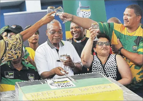  ?? Picture: COURTNEY AFRICA ?? PRIDE: President Jacob Zuma, ANC deputy secretary-general Jessie Duarte and party provincial chairman Marius Fransman celebrate the party’s 103rd birthday at the OR Tambo Hall in Khayelitsh­a yesterday.