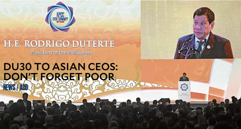  ??  ?? KEYNOTE SPEECH President Duterte delivers the keynote speech during the Apec-CEO summit ahead of the Asia-Pacific Economic Cooperatio­n (Apec) Leaders’ Meeting in DaNang, Vietnam.—