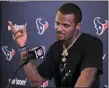  ?? ASSOCIATED PRESS FILE PHOTO ?? Houston Texans quarterbac­k Deshaun Watson speaks during a news conference after a 2019 game against the L.A. Chargers.