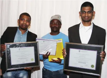 ?? Photo: Stephen Penney ?? Seen at the recent Rhodes University Community Engagement awards ceremony, with their awards are, from left to right, Lindisipo Swartbooi and Siyeni Silo from FC Sophia Young Stars and Eshlin Vedan who is a volunteer and community engagement student...