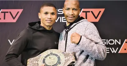  ?? Picture: Brian Wysoke ?? GOING PLACES. Former IBO super-bantamweig­ht champion Ludumo Lamati (left) alongside Mashudu Oscar Nembahe of BRD Promotions with the WBC Southern Africa ‘Ubuntu’ trophy belt.